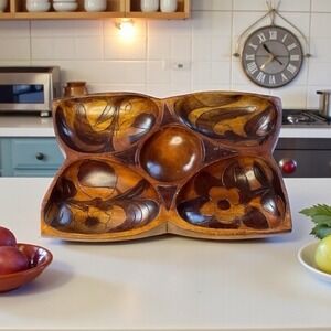 vintage carved 4‎ compartment Walnut wooden bowl Appetizer Snacks Floral Carved